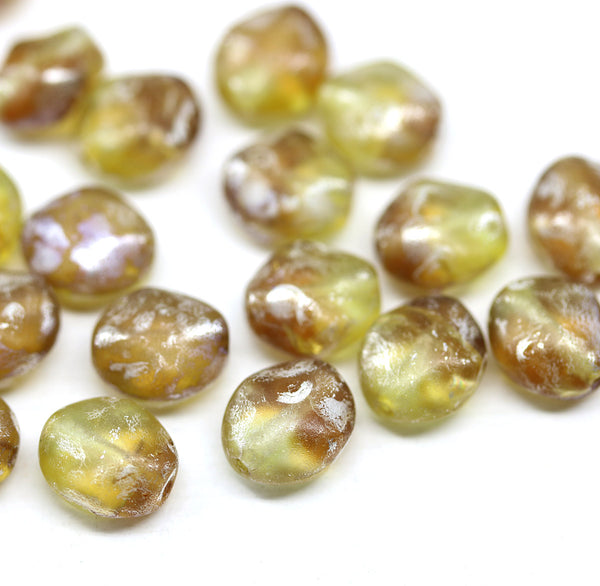 9x8mm Brown yellow rustic silver wash flat oval wavy czech glass beads, 20Pc