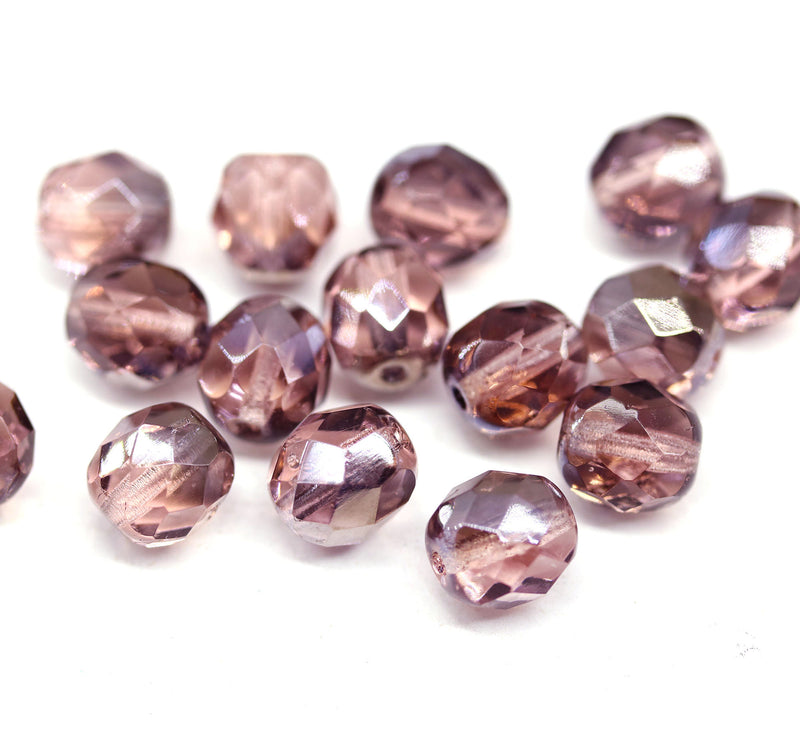 8mm Light pink Czech glass round fire polished beads copper luster - 15Pc