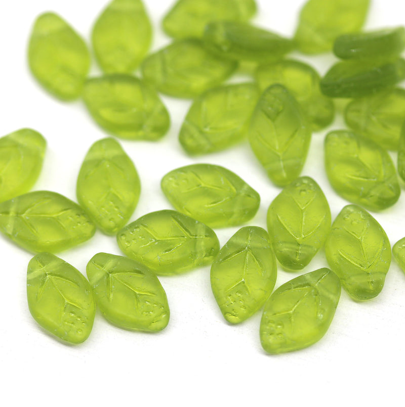 12x7mm Frosted green Czech glass Leaf beads 30Pc