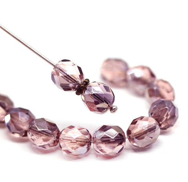 8mm Light pink Czech glass round fire polished beads copper luster - 15Pc