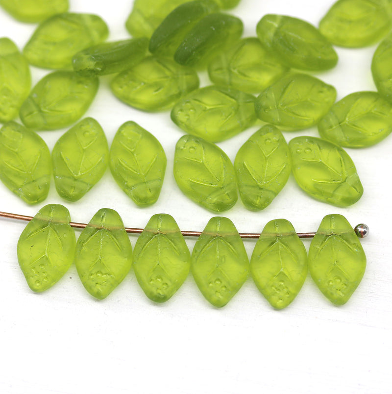 12x7mm Frosted green Czech glass Leaf beads 30Pc