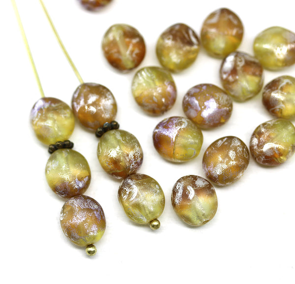 9x8mm Brown yellow rustic silver wash flat oval wavy czech glass beads, 20Pc