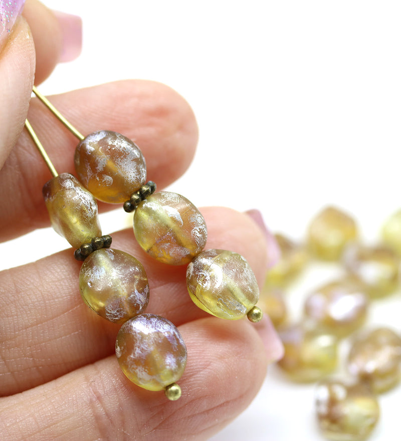 9x8mm Brown yellow rustic silver wash flat oval wavy czech glass beads, 20Pc