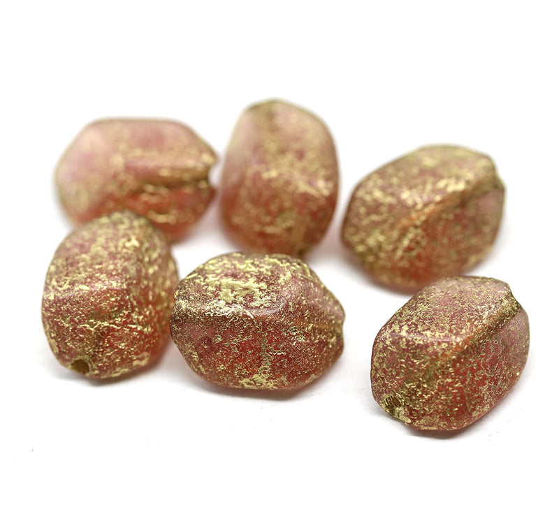 14x10mm Large geometry hexagon golden pink Czech glass beads, 6pc