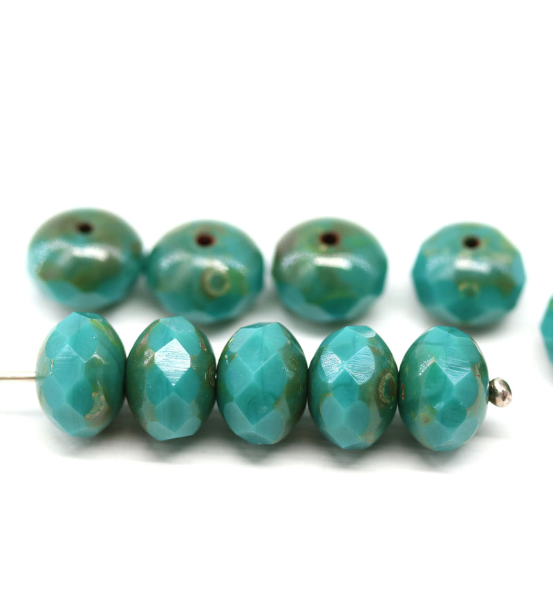 6x8mm Turquoise green picasso czech glass rondelle beads - 10pc