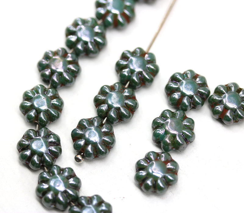 9mm Dark green Picasso mirror finish czech glass flower beads, 20Pc