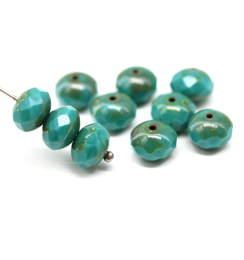 6x8mm Turquoise green picasso czech glass rondelle beads - 10pc