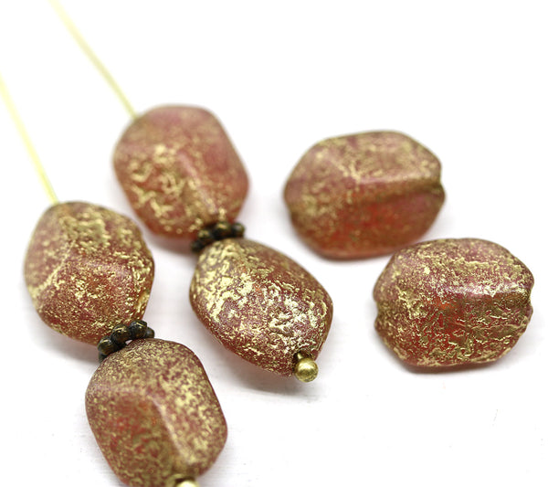 14x10mm Large geometry hexagon golden pink Czech glass beads, 6pc