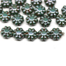 9mm Dark green Picasso mirror finish czech glass flower beads, 20Pc