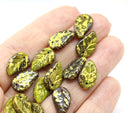 14x9mm Brown green Czech glass leaves, gold wash, 15pc