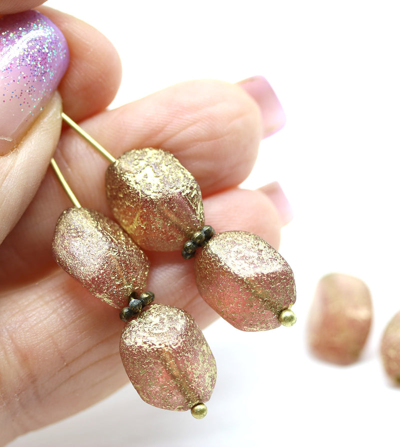 14x10mm Large geometry hexagon golden pink Czech glass beads, 6pc
