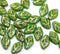 12x7mm Green Czech glass leaf beads golden inlays - 30pc