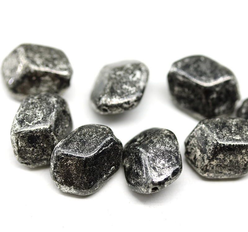 14x10mm Large geometry hexagon black silver Czech glass beads, 8pc