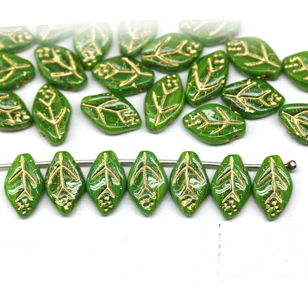 12x7mm Green Czech glass leaf beads golden inlays - 30pc