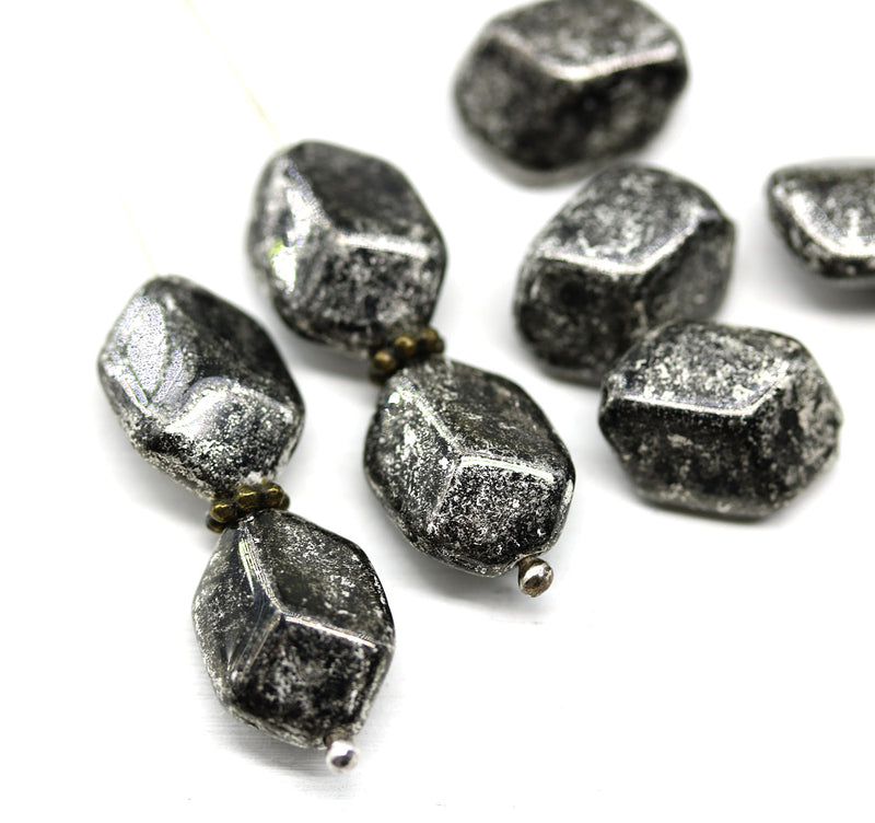 14x10mm Large geometry hexagon black silver Czech glass beads, 8pc