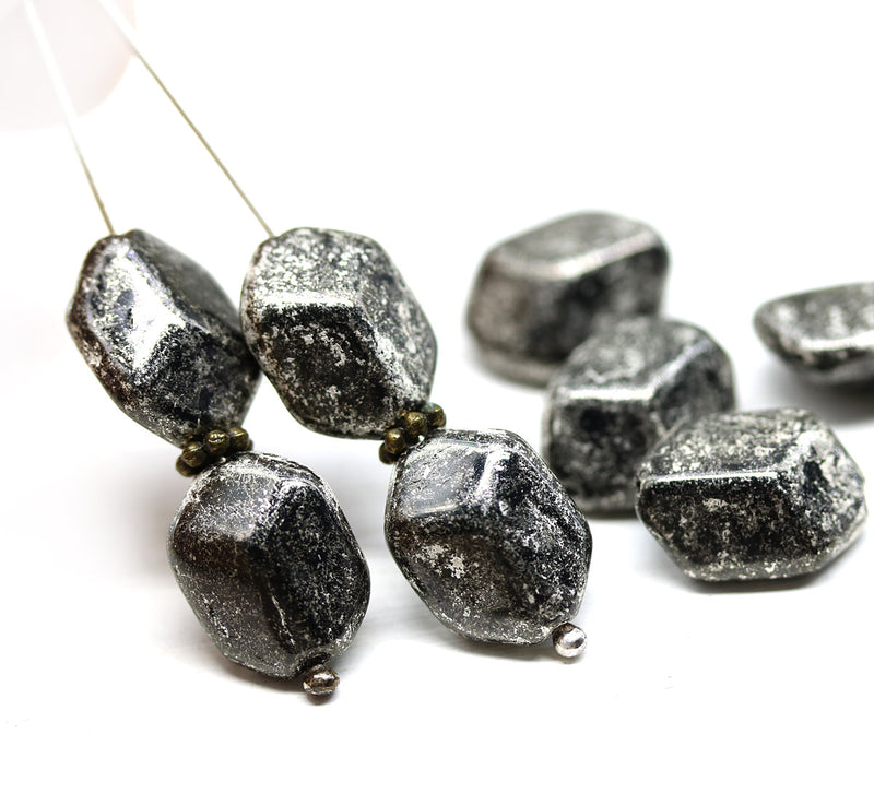 14x10mm Large geometry hexagon black silver Czech glass beads, 8pc