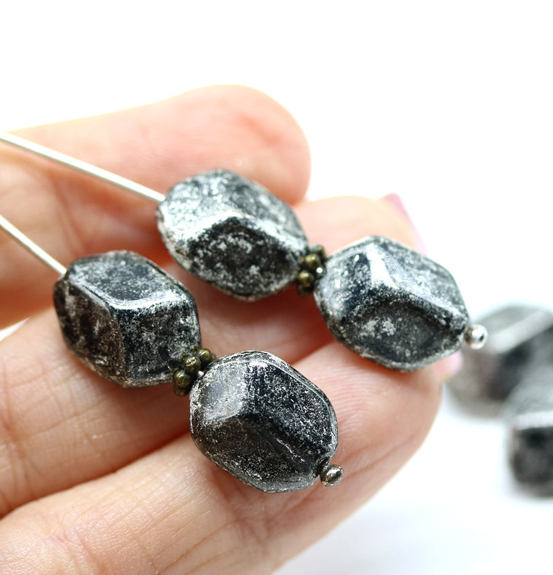 14x10mm Large geometry hexagon black silver Czech glass beads, 8pc