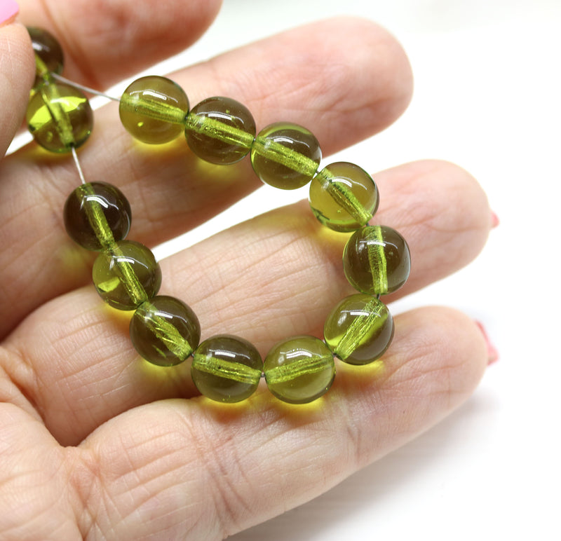 8mm Olive green round czech glass druk pressed beads, 20Pc