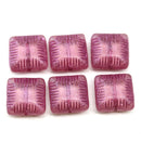 14mm Large carved square czech glass thick beads dark pink, 6Pc