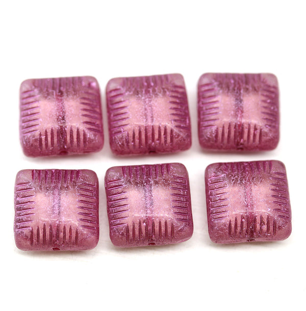 14mm Large carved square czech glass thick beads dark pink, 6Pc