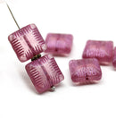 14mm Large carved square czech glass thick beads dark pink, 6Pc
