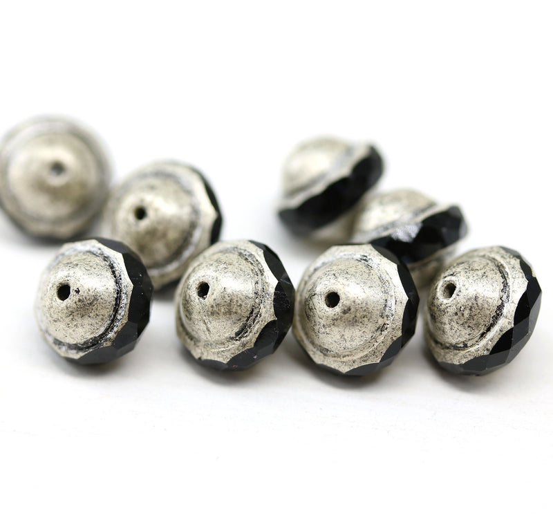 8x10mm Black Saucer Czech glass beads UFO shape silver wash - 8pc