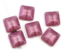 14mm Large carved square czech glass thick beads dark pink, 6Pc