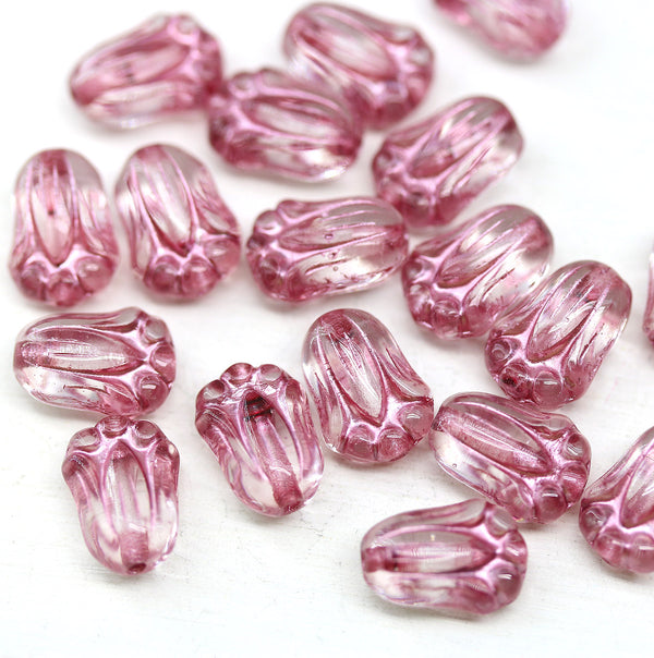 10x7mm Pink tulip beads Czech glass flower