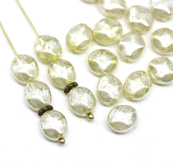 9x8mm Pale yellow rustic silver wash flat oval wavy czech glass beads, 20Pc