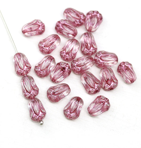 10x7mm Pink tulip beads Czech glass flower