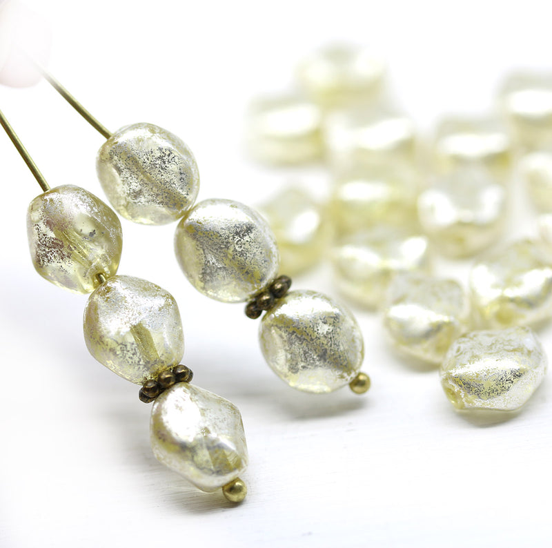 9x8mm Pale yellow rustic silver wash flat oval wavy czech glass beads, 20Pc