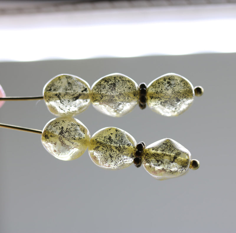 9x8mm Pale yellow rustic silver wash flat oval wavy czech glass beads, 20Pc