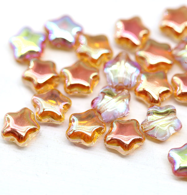 6mm Peach Czech glass star beads AB finish 25pc