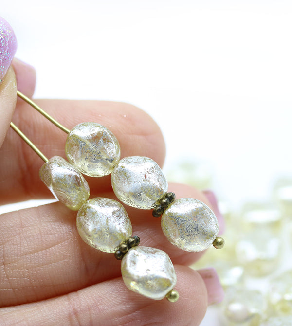 9x8mm Pale yellow rustic silver wash flat oval wavy czech glass beads, 20Pc