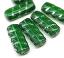 25x11mm Emerald Green Rectangular czech glass beads silver wash, 6Pc