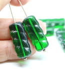 25x11mm Emerald Green Rectangular czech glass beads silver wash, 6Pc
