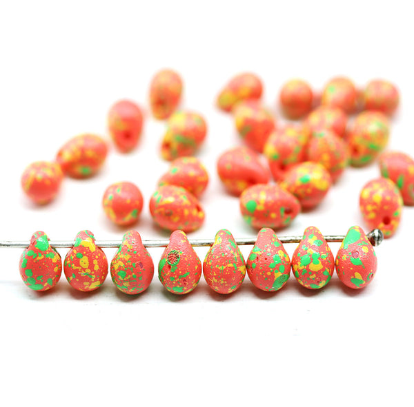 5x7mm Orange czech glass top drilled tear drop beads 30pc
