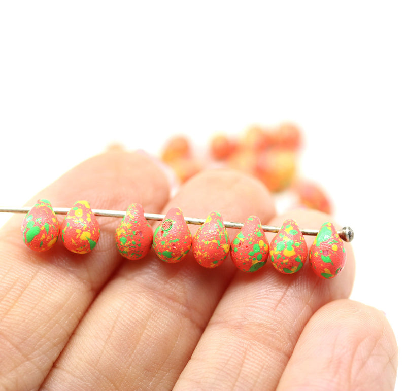 5x7mm Orange czech glass top drilled tear drop beads 30pc
