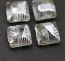 14mm Large carved square czech glass thick beads Clear with Silver, 4Pc
