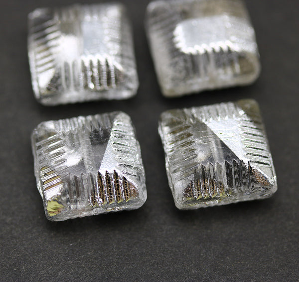 14mm Large carved square czech glass thick beads Clear with Silver, 4Pc