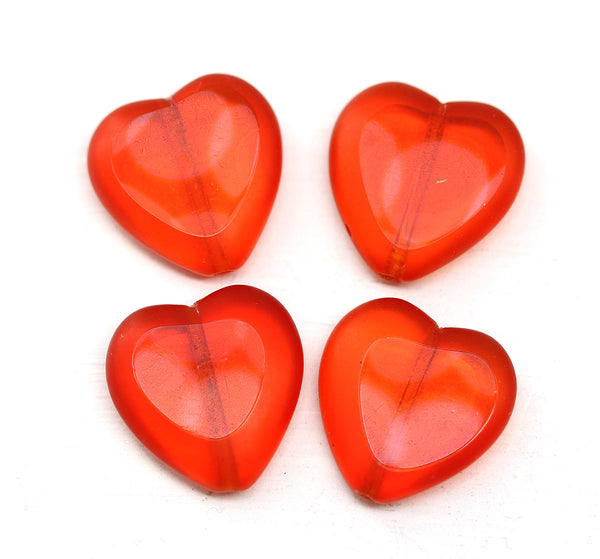15mm Red heart Czech glass fire polished beads, 4pc