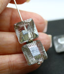 14mm Large carved square czech glass thick beads Clear with Silver, 4Pc