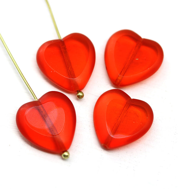 15mm Red heart Czech glass fire polished beads, 4pc