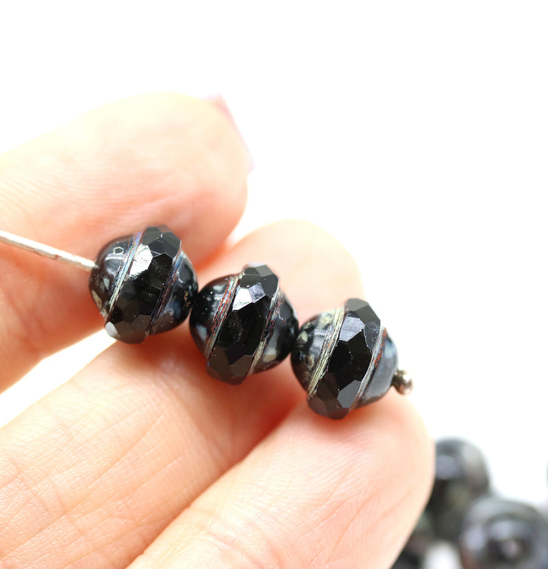 8x10mm Black saucer Czech glass beads UFO shape picasso - 8Pc