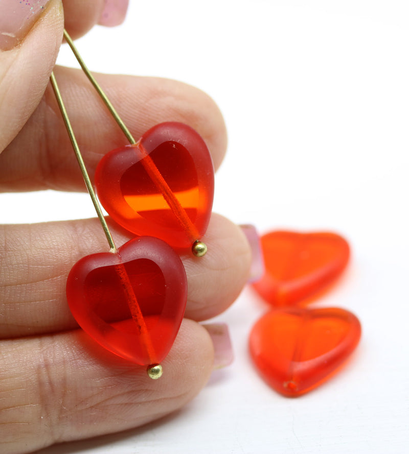 15mm Red heart Czech glass fire polished beads, 4pc