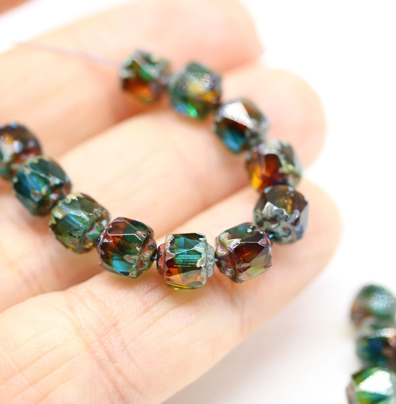 6mm Blue green brown topaz cathedral Czech glass picasso beads 20Pc