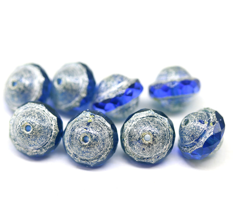 8x10mm Cobalt blue saucer Czech glass beads UFO shape silver ends - 8Pc