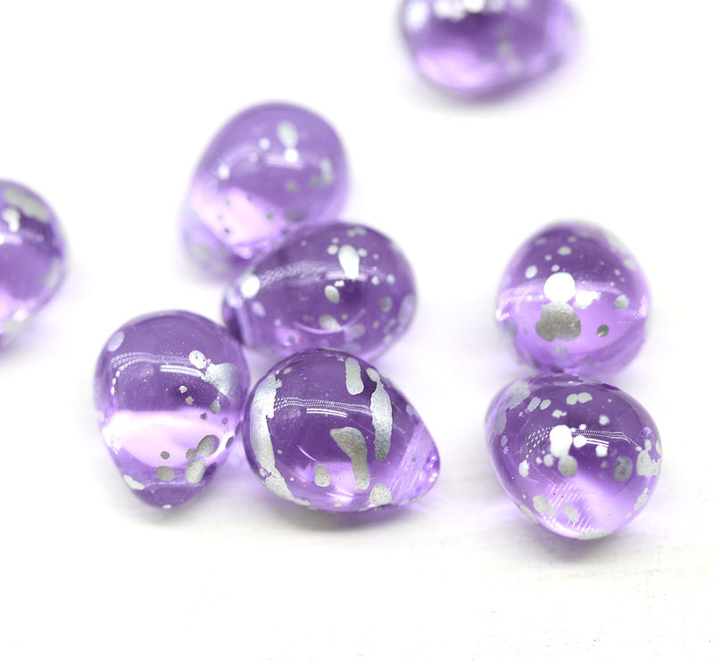 10x13mm Lilac violet teardrops czech glass large briolettes silver flakes, 4pc