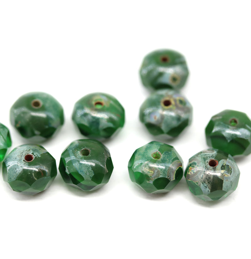 6x8mm Mixed green rondelle czech glass beads picasso finish - 10pc