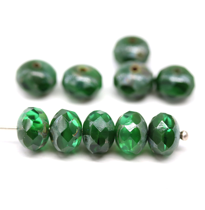 6x8mm Mixed green rondelle czech glass beads picasso finish - 10pc